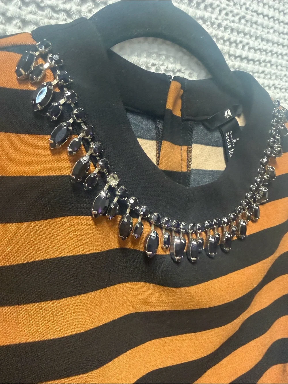 H&M size 2 Black & Brown Striped Short-Sleeve Top with Beaded Neckline - Picture 3 of 5